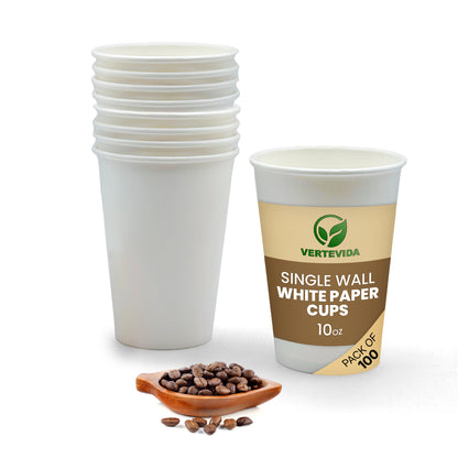 10 oz Disposable Paper Coffee Cups [100 Pack] - White Hot Cups To Go for Coffee Tea | VerteVida