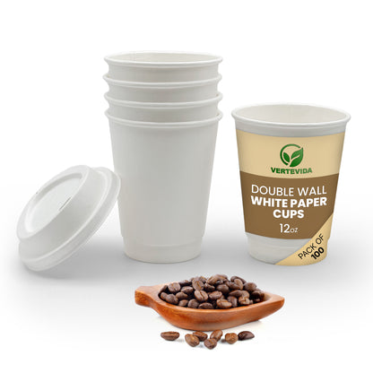12 oz Double Wall Insulated Coffee Cups with Lids [100 Pack] - Disposable Hot Cups | VerteVida