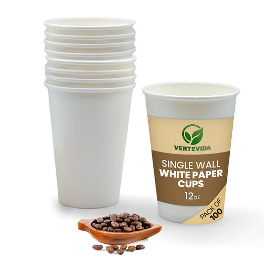 12 oz Disposable Paper Coffee Cups [100 Pack] - White Hot Cups To Go for Coffee Tea | VerteVida