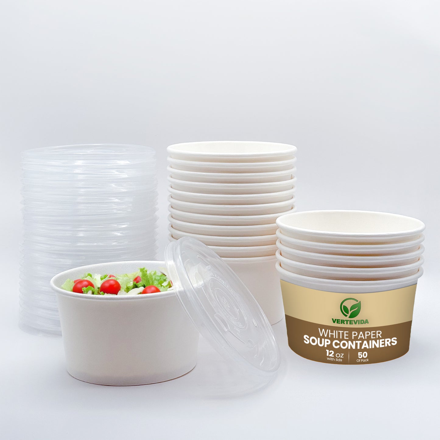 12 oz Paper Soup Containers with Lids [50 Pack] - Disposable Soup Bowls for Takeout | VerteVida