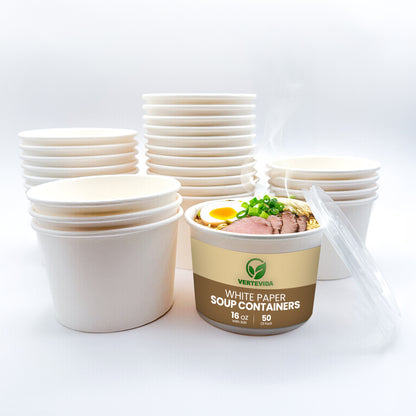 16 oz Paper Soup Containers with Lids [50 Pack] - Disposable Soup Bowls for Takeout | VerteVida