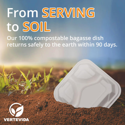 9x9 3-Compartment Compostable Clamshell Take Out Containers [50 Pack] | VerteVida