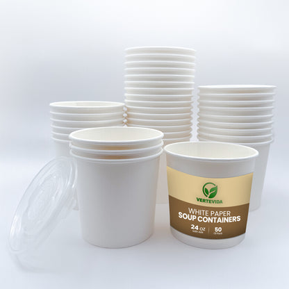 24 oz Paper Soup Containers with Lids [50 Pack] - Extra Large Disposable Soup Bowls | VerteVida