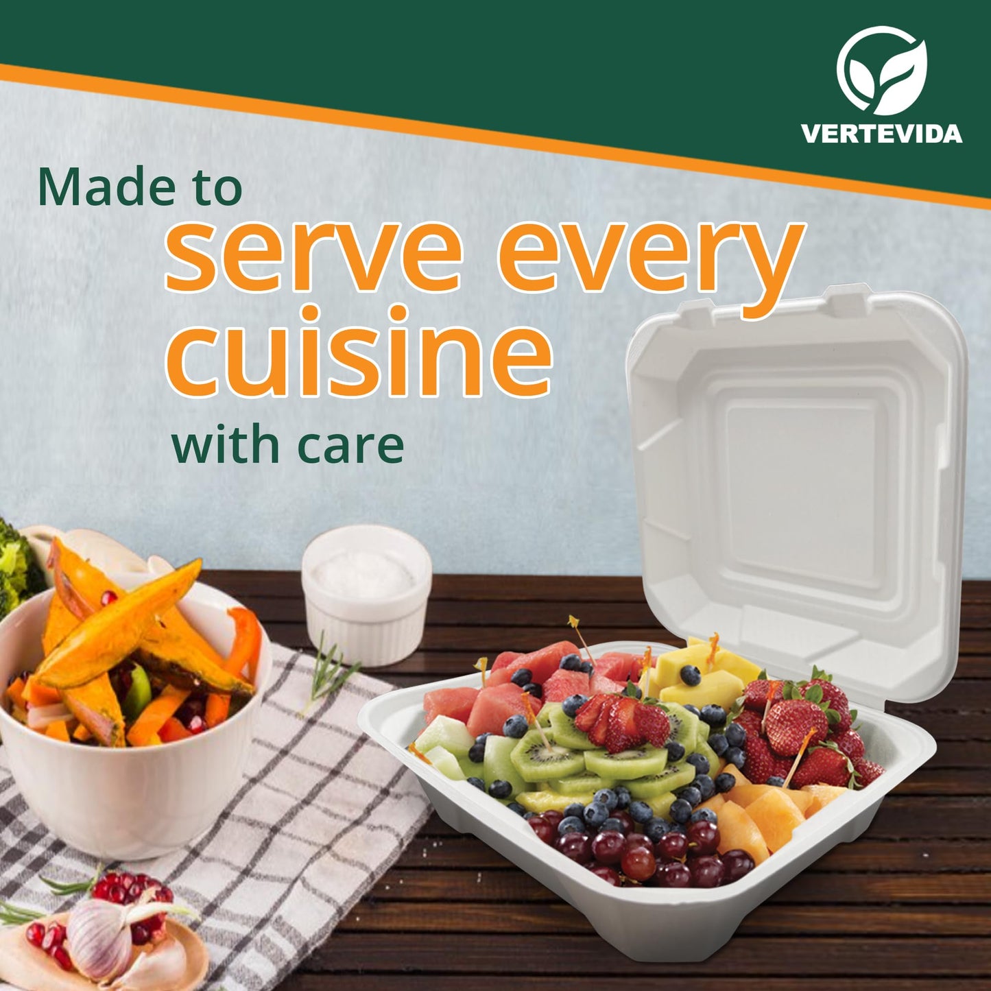 9x9 Compostable Clamshell Take Out Containers [50 Pack] - Extra Large Food Containers | VerteVida