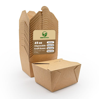 45 oz Kraft Paper Take Out Containers [50 Pack] - Large Disposable Food Boxes | VerteVida