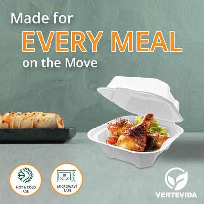 8x8 Compostable Clamshell Take Out Containers [50 Pack] - Disposable Food Containers | VerteVida
