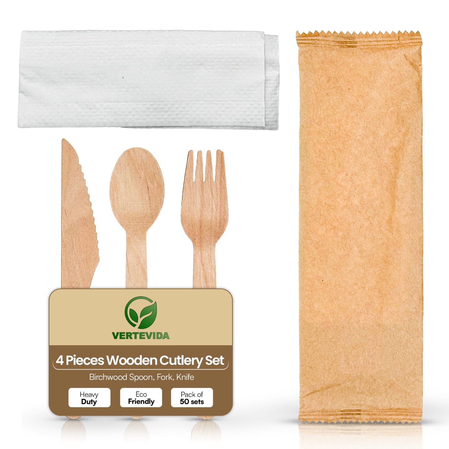 Disposable Cutlery Set Individually Wrapped [50 Pack] - Fork Knife Napkin Kit | VerteVida