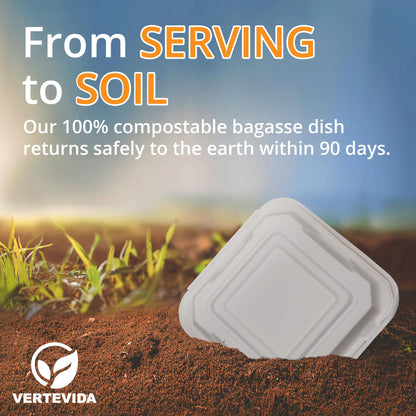 9x9 Compostable Clamshell Take Out Containers [50 Pack] - Extra Large Food Containers | VerteVida