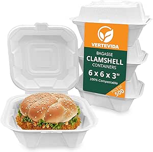 6x6 Compostable Clamshell Take Out Containers [50 Pack] - Disposable Food Containers | VerteVida