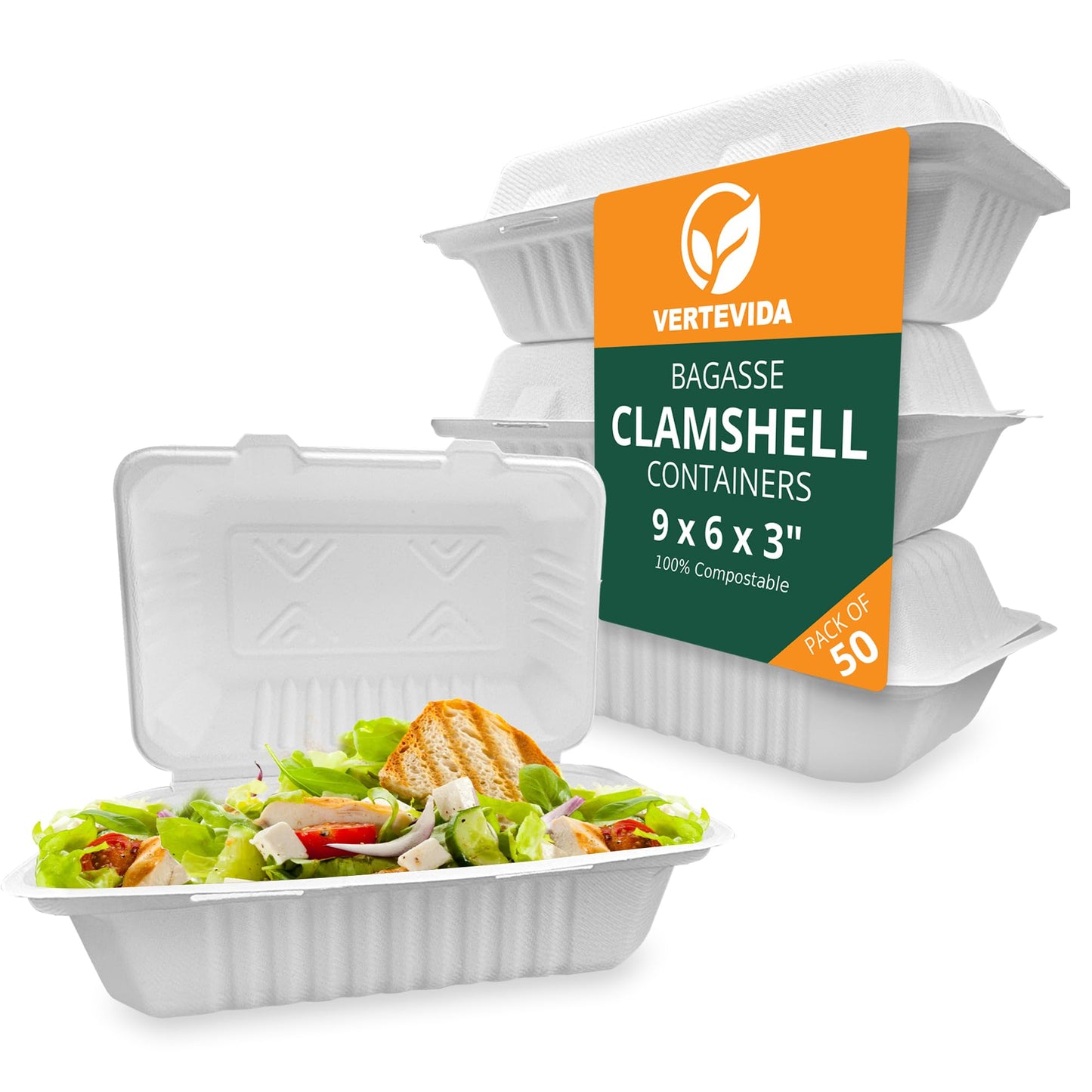 9x6 Compostable Clamshell Take Out Containers [50 Pack] - Rectangular Food Containers | VerteVida