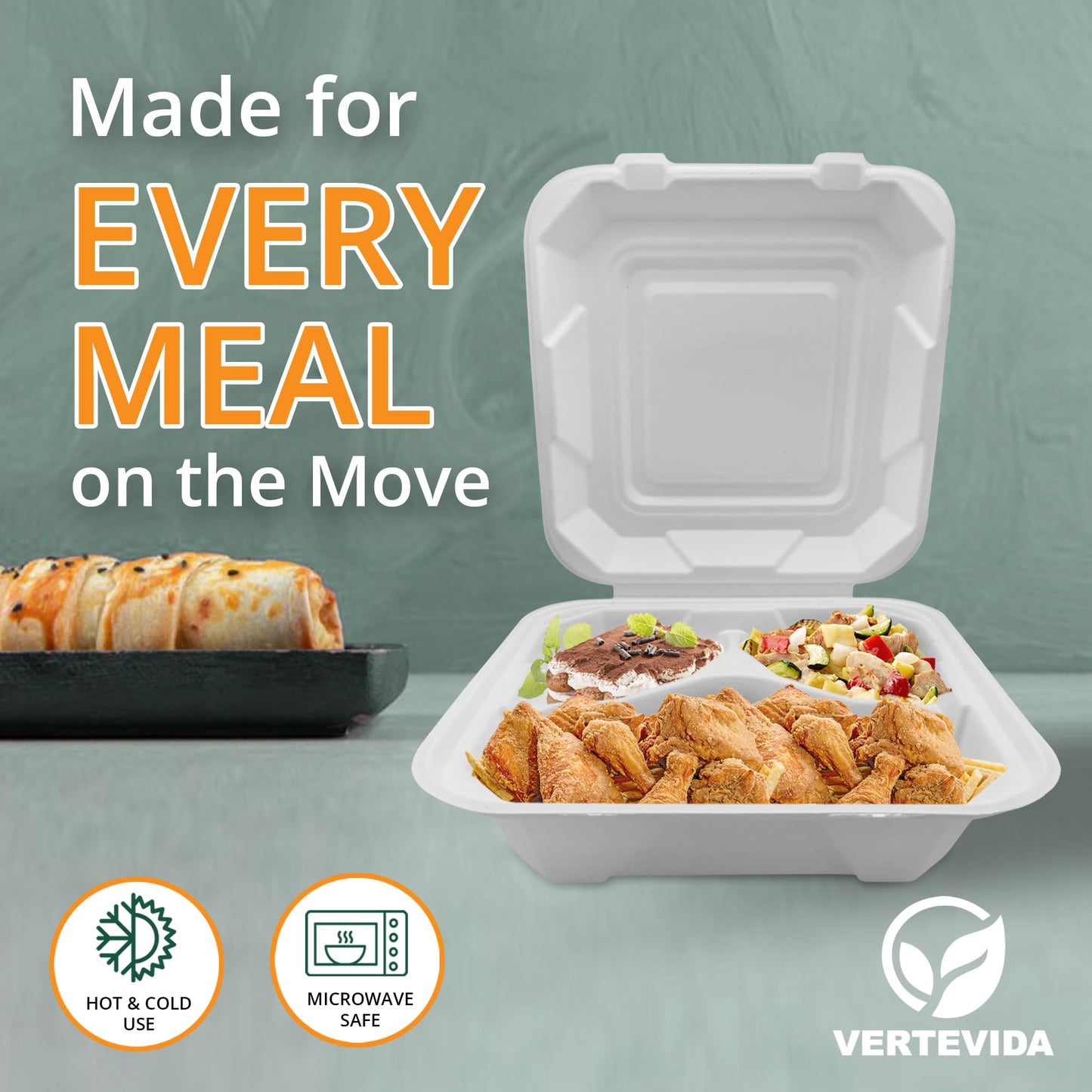 9x9 3-Compartment Compostable Clamshell Take Out Containers [50 Pack] | VerteVida