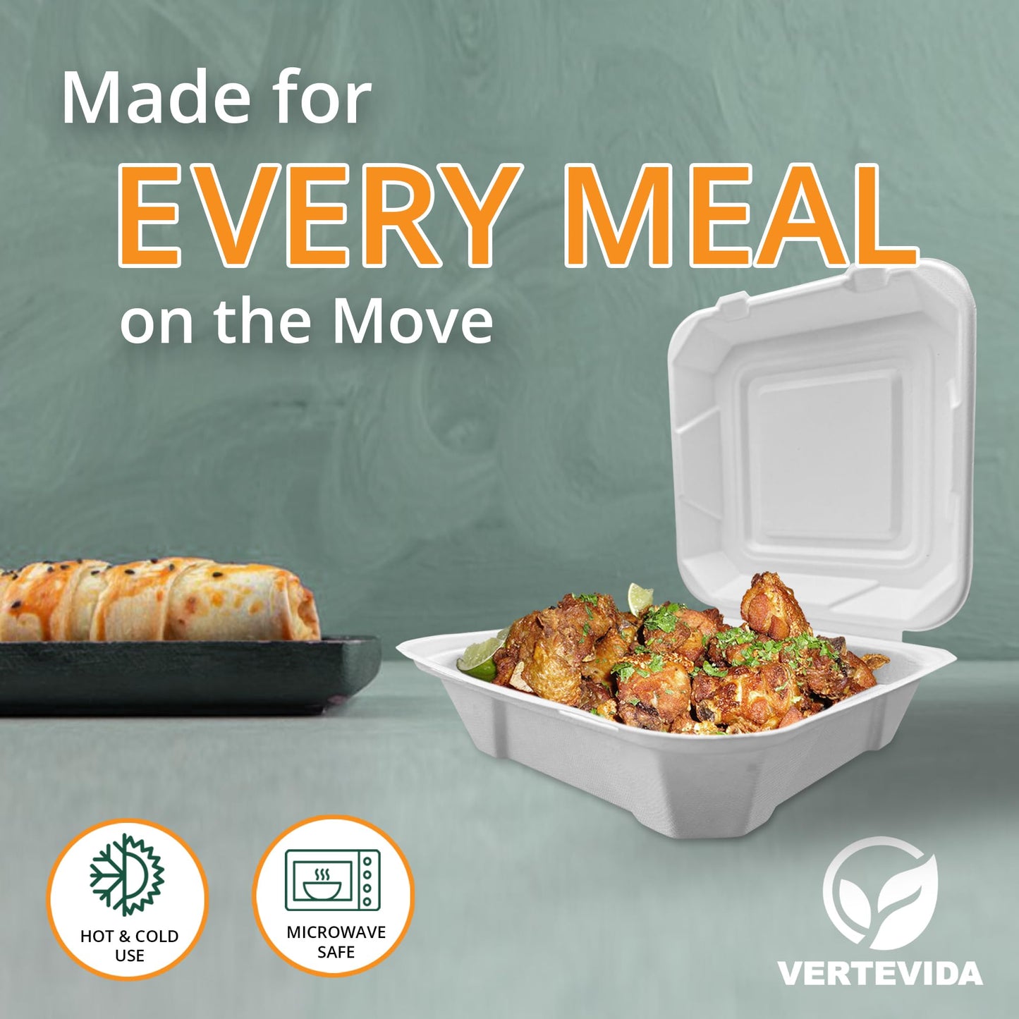 9x9 Compostable Clamshell Take Out Containers [50 Pack] - Extra Large Food Containers | VerteVida