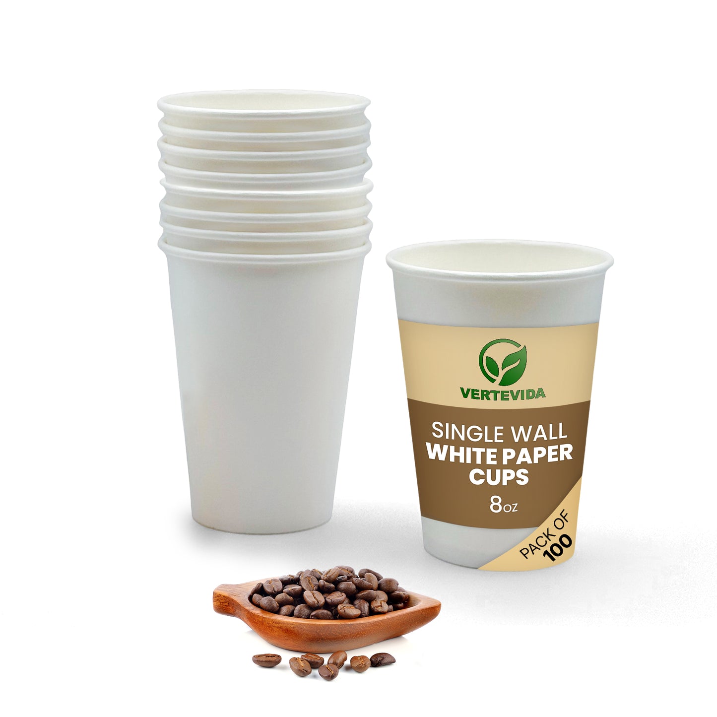 8 oz Disposable Paper Coffee Cups [100 Pack] - Small White Hot Cups for Espresso Tea | VerteVida