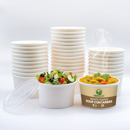 8 oz Paper Soup Containers with Lids [50 Pack] - Disposable Soup Bowls for Takeout | VerteVida