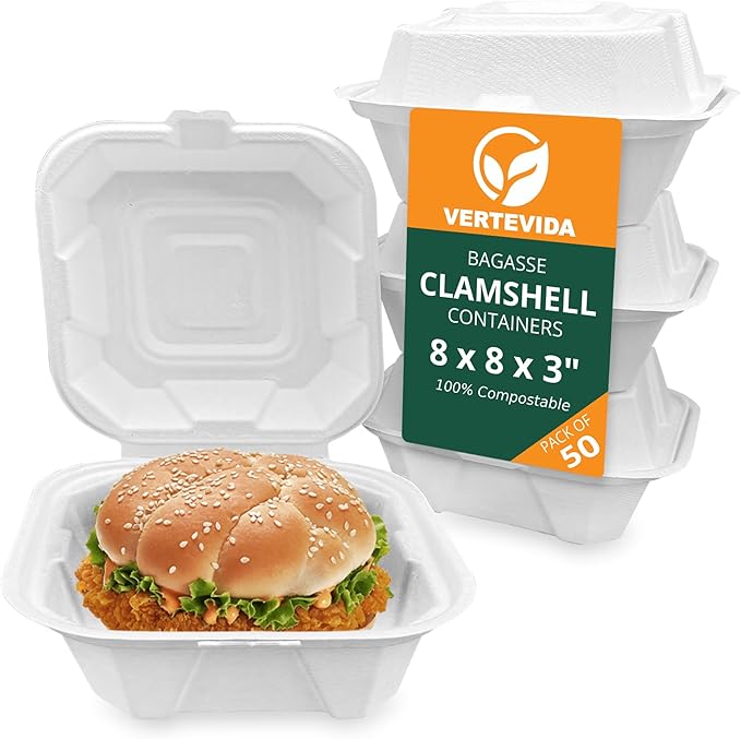 8x8 Compostable Clamshell Take Out Containers [50 Pack] - Disposable Food Containers | VerteVida