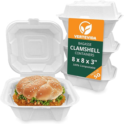 8x8 Compostable Clamshell Take Out Containers [50 Pack] - Disposable Food Containers | VerteVida