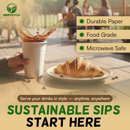 8 oz Disposable Paper Coffee Cups [100 Pack] - Small White Hot Cups for Espresso Tea | VerteVida
