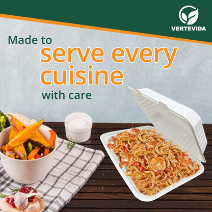 9x6 Compostable Clamshell Take Out Containers [50 Pack] - Rectangular Food Containers | VerteVida