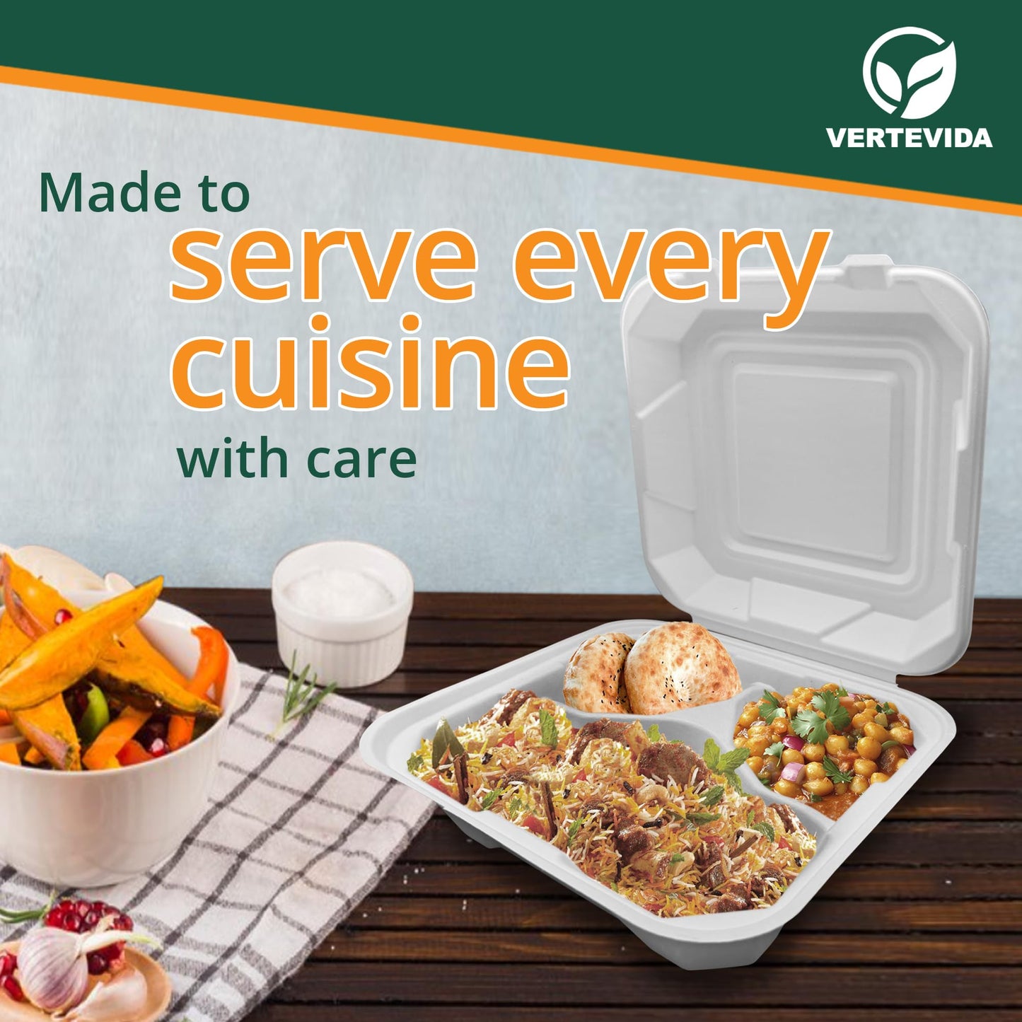 9x9 3-Compartment Compostable Clamshell Take Out Containers [50 Pack] | VerteVida