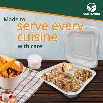 9x9 3-Compartment Compostable Clamshell Take Out Containers [50 Pack] | VerteVida