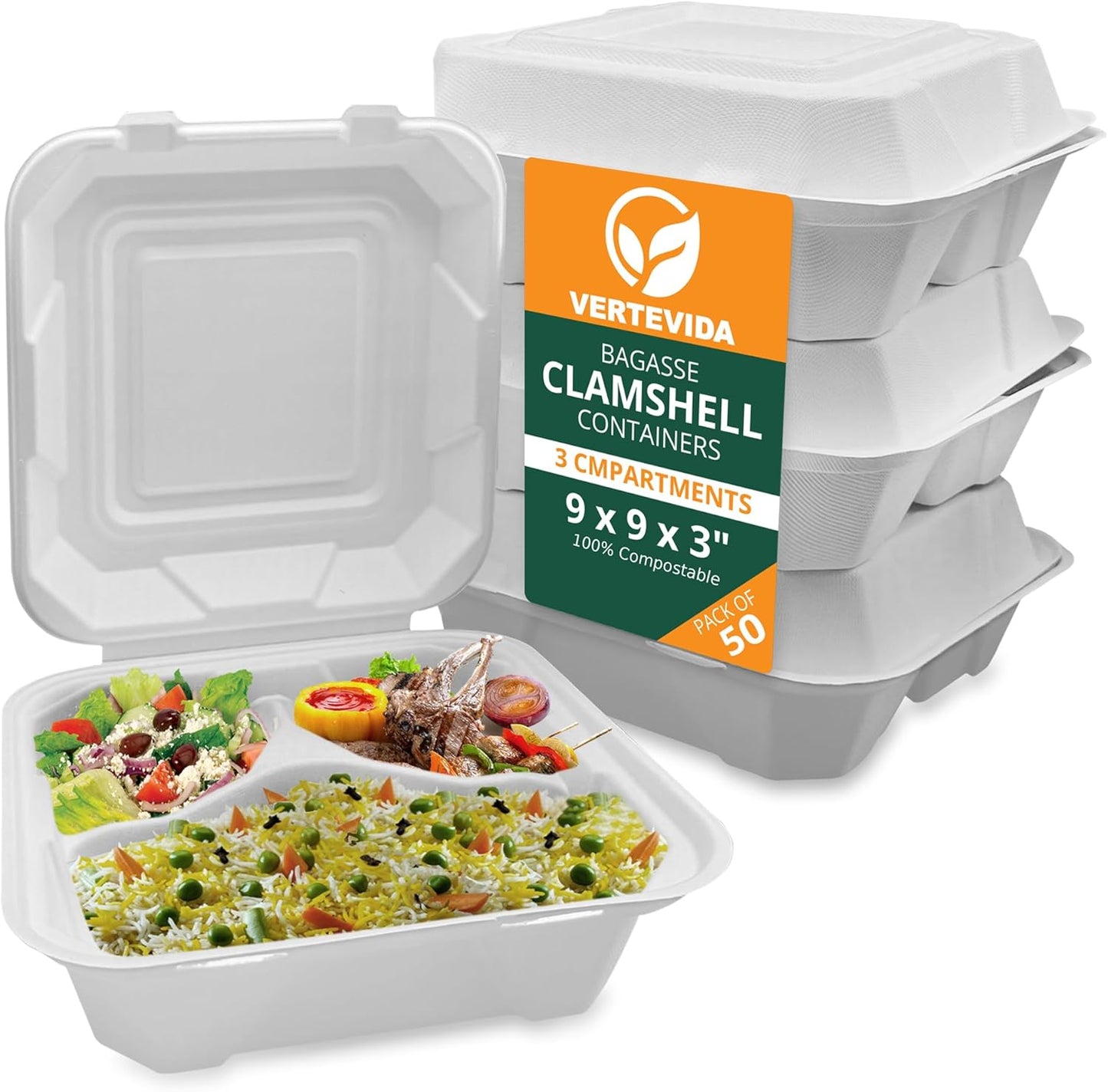 9x9 3-Compartment Compostable Clamshell Take Out Containers [50 Pack] | VerteVida