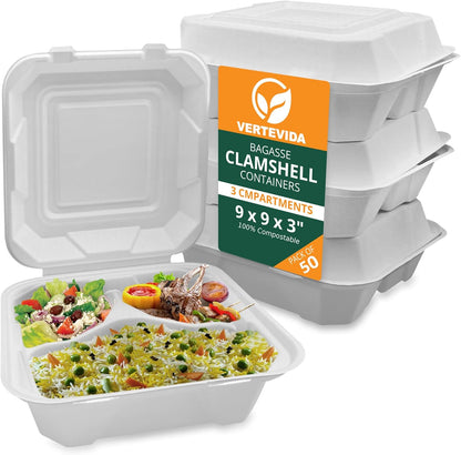 9x9 3-Compartment Compostable Clamshell Take Out Containers [50 Pack] | VerteVida