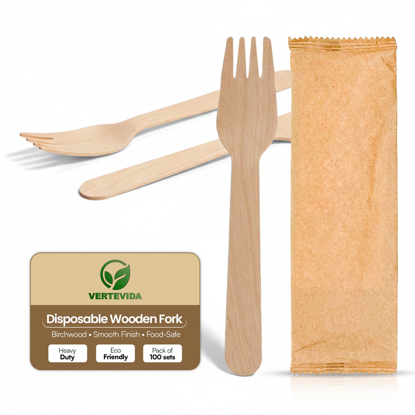 Disposable Wooden Forks Individually Wrapped [100 Pack] - Birchwood Cutlery | VerteVida