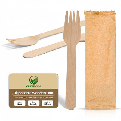 Disposable Wooden Forks Individually Wrapped [100 Pack] - Birchwood Cutlery | VerteVida