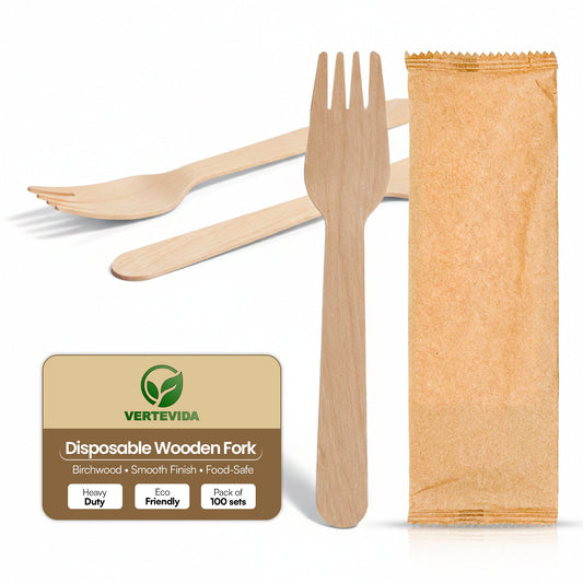Disposable Wooden Forks Individually Wrapped [100 Pack] - Birchwood Cutlery | VerteVida