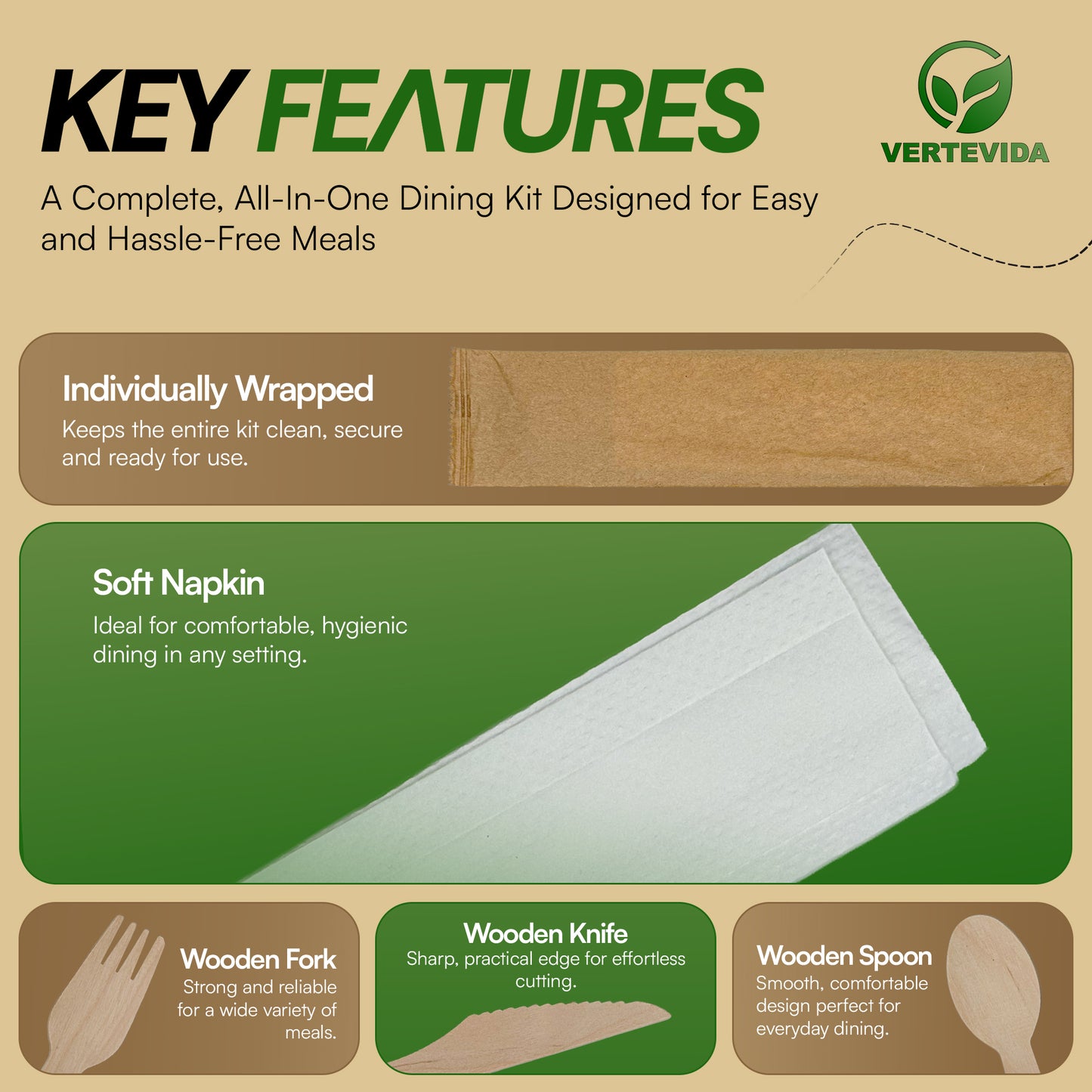 Disposable Cutlery Set Individually Wrapped [50 Pack] - Fork Knife Napkin Kit | VerteVida