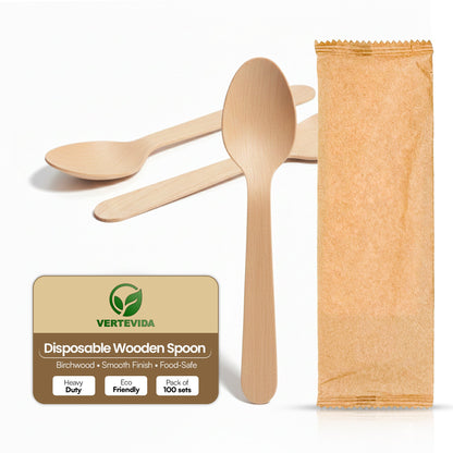 Disposable Wooden Spoons Individually Wrapped [100 Pack] - Birchwood Cutlery | VerteVida