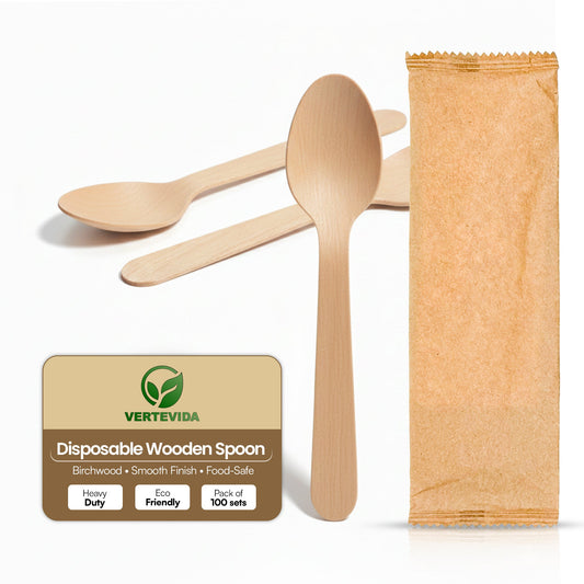 Disposable Wooden Spoons Individually Wrapped [100 Pack] - Birchwood Cutlery | VerteVida