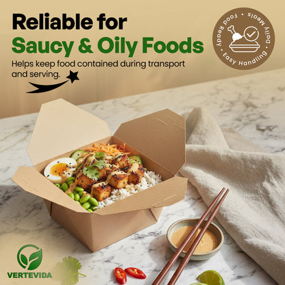 45 oz Kraft Paper Take Out Containers [50 Pack] - Large Disposable Food Boxes | VerteVida