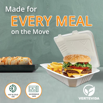 9x6 Compostable Clamshell Take Out Containers [50 Pack] - Rectangular Food Containers | VerteVida