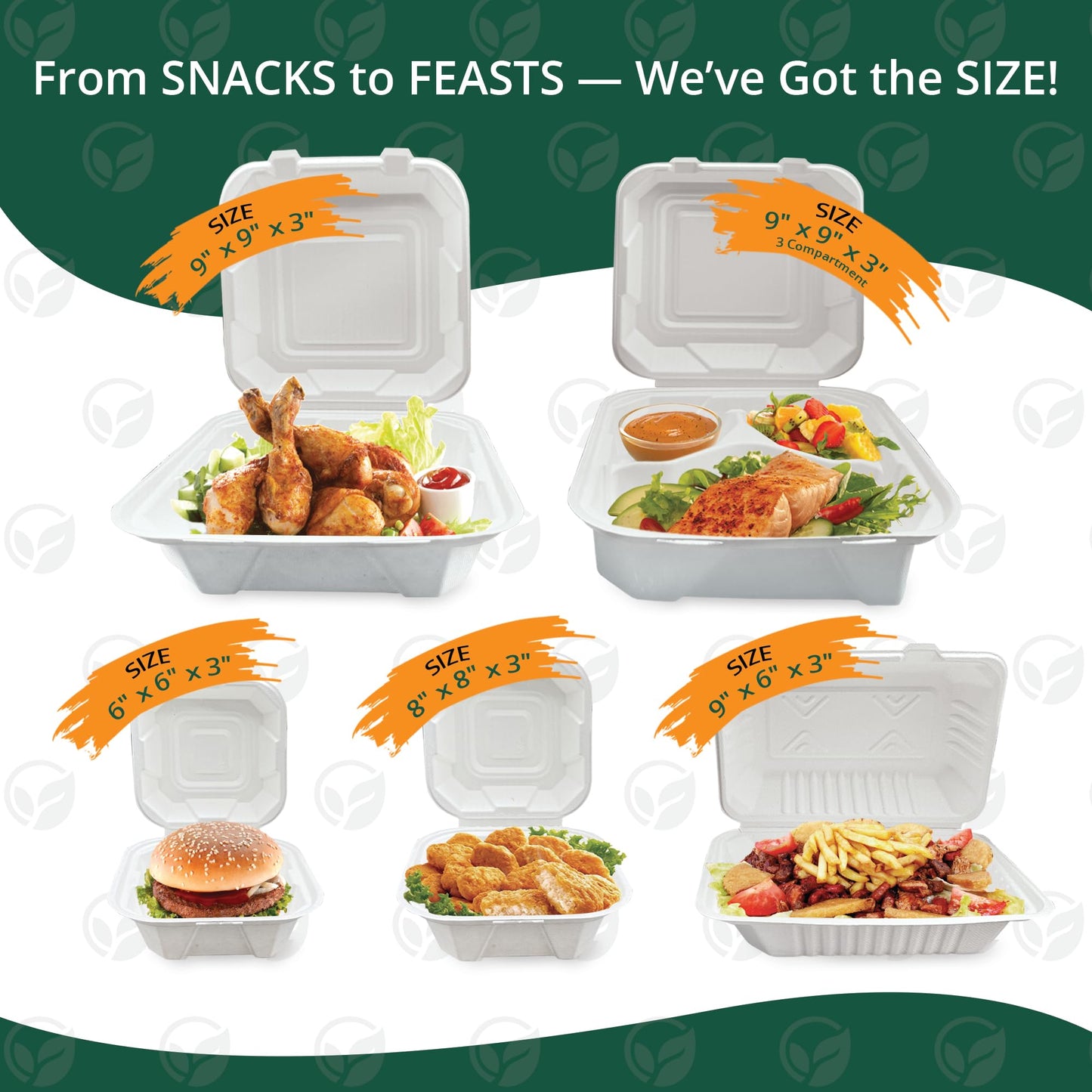 8x8 Compostable Clamshell Take Out Containers [50 Pack] - Disposable Food Containers | VerteVida
