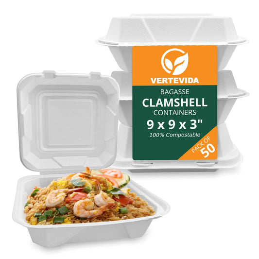 9x9 Compostable Clamshell Take Out Containers [50 Pack] - Extra Large Food Containers | VerteVida
