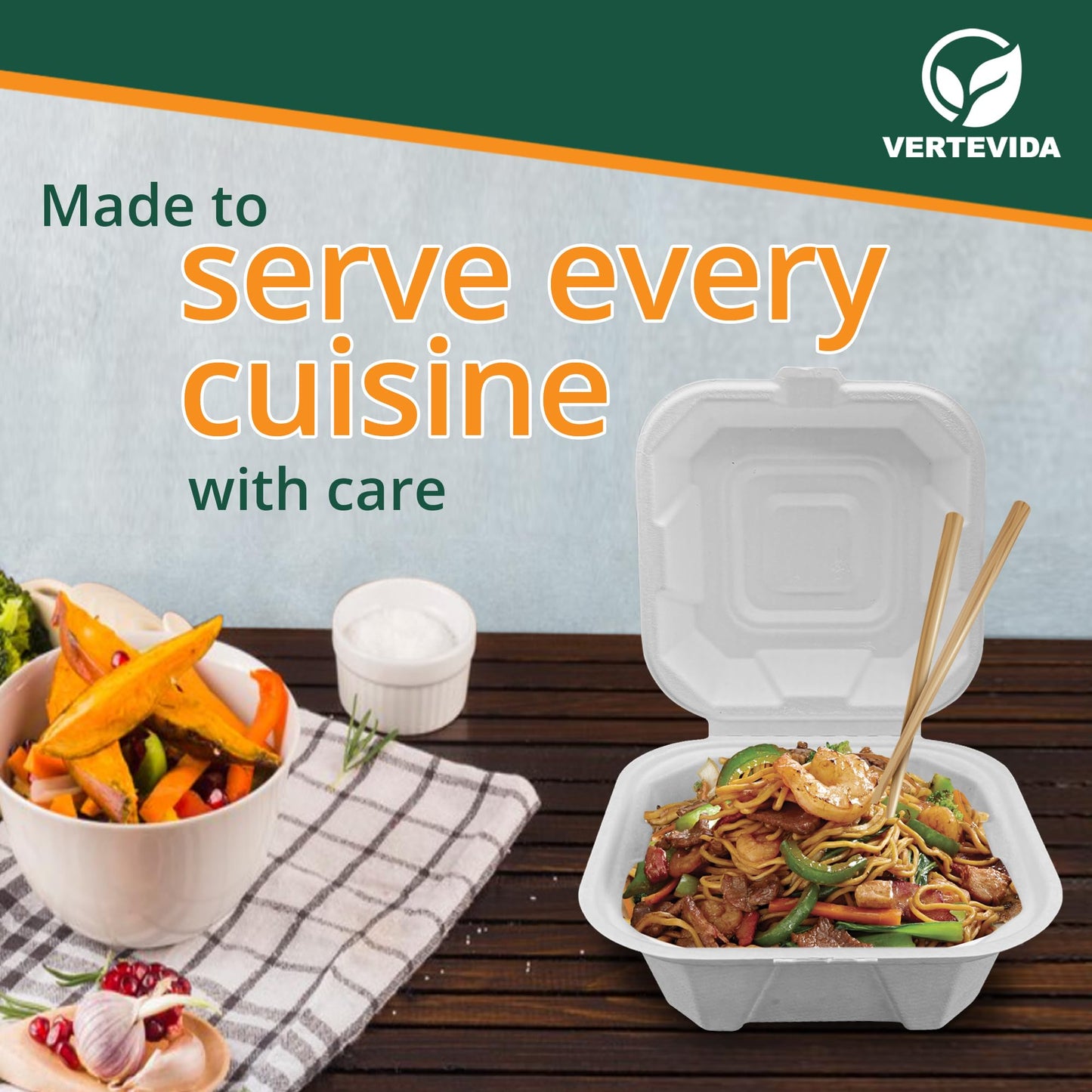 8x8 Compostable Clamshell Take Out Containers [50 Pack] - Disposable Food Containers | VerteVida